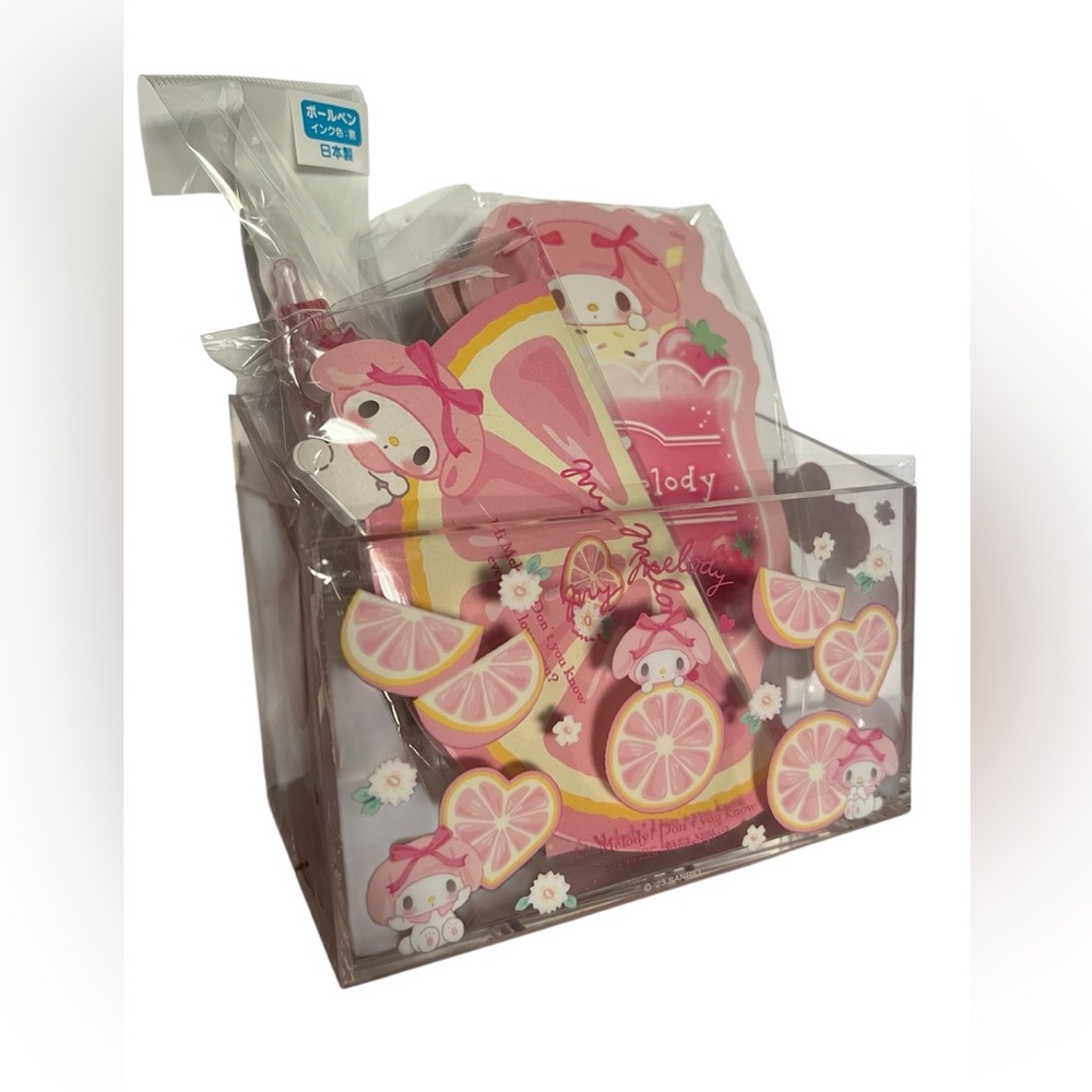 ✅Sanrio My Melody Fruit Pen Stand with Matching Pen and Notepad 4 Piece Lot
